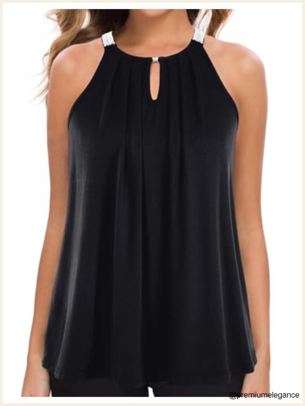 Beaded Strap Halter Tank Top Pleated High Neck Flowy Cami
